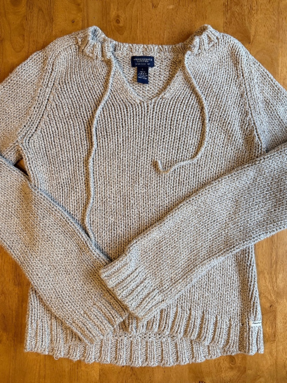 American Eagle Womens Large Beige Chunky Knit Hooded V-Neck Cotton Sweater